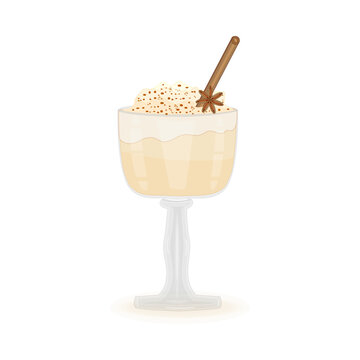 Glass Of Eggnog On White Background. Beverage Eggnog In Cup With Cinnamon Straw And Anise Star.Christmas Or Sweet Winter Drink In Mug.Xmas Egg Milk Punch.New Year Homemade Cocktail.Vector Illustration