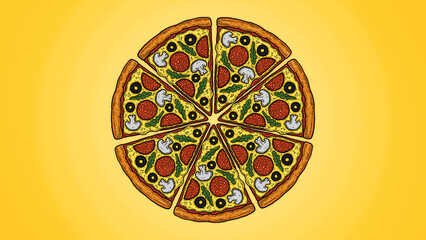 sliced cartoon pizza illustration isolated on yellow gradient background horizontal wallpapers
