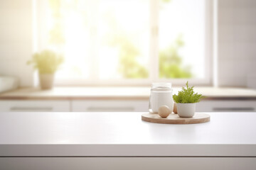 Fototapeta na wymiar A beautiful empty rustic white table in the kitchen is decorated with plants, and a refreshing, soft light from the window frame surrounds the white interior. Concept for a simple lifestyle