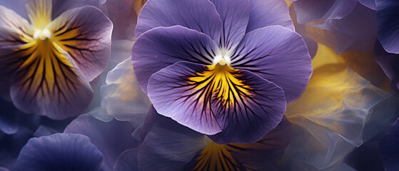 Detailed macro of pansy petal patterns and hues. - Powered by Adobe