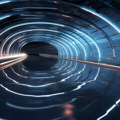 3D Rendering of curved tunnel with led glowing lights on ceiling and reflection from puddle on wet dark street surface