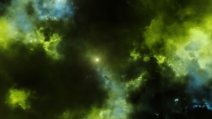 Green realistic cosmos backdrop. Starry nebula with stardust and milky way. Color galaxy and shining stars.