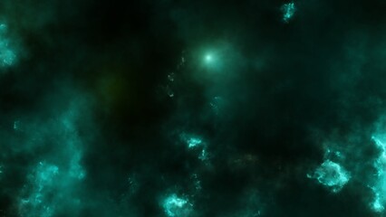 Green realistic cosmos backdrop. Starry nebula with stardust and milky way. Color galaxy and shining stars.