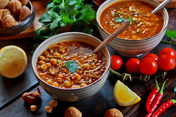 Harira  – traditional Moroccan tomato soup with chickpeas and lentils - obrazy, fototapety, plakaty