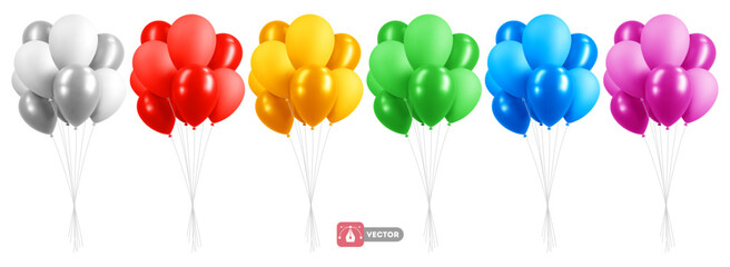 Set of 3d realistic colorful bunch holiday balloons. Rainbow colors and white, matte and glossy. Fun inflatable balloons flying in the air, decorations for birthday, other events. Vector illustration - obrazy, fototapety, plakaty
