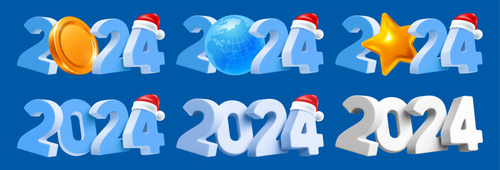 Set of new year creative designs with 3d realistic isolated numbers 2024 in light blue and white colors, with gold coin, star, globe. Santa hat slip on the number 4. Vector illustration