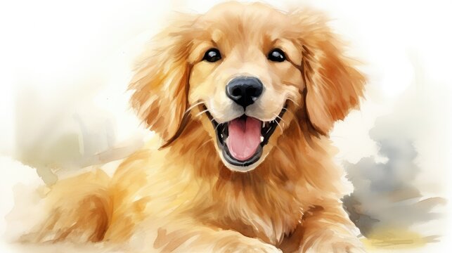 Adorable golden retriever puppy in a lifelike watercolor painting. Playful and fluffy, with expressive eyes and vibrant colors. A joyful and friendly pet portrait, perfect for art lovers.