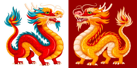 Chinese dragon funny vivid character, red and yellow color, drawing in cartoon style. Symbol of 2024 Chinese New Year, year of the dragon by lunar calendar. Vector illustration - obrazy, fototapety, plakaty