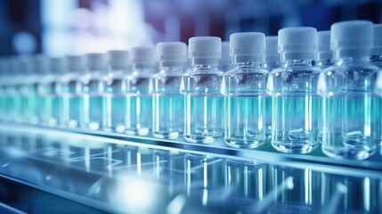 A close-up view of a pharmaceutical production line with aligned vials being filled, sealed, labeled, and packaged with precision and efficiency
