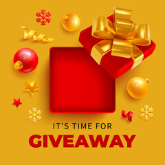 Fototapeta na wymiar It is time for Giveaway, sale or win, conceptual advertising banner template. 3d realistic open gift box, top view, fir tree balls, snowflakes and tinsel on yellow background. Vector illustration