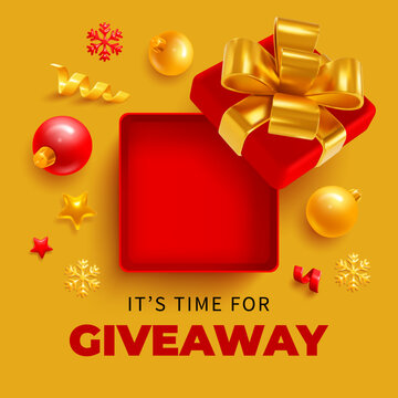 It is time for Giveaway, sale or win, conceptual advertising banner template. 3d realistic open gift box, top view, fir tree balls, snowflakes and tinsel on yellow background. Vector illustration