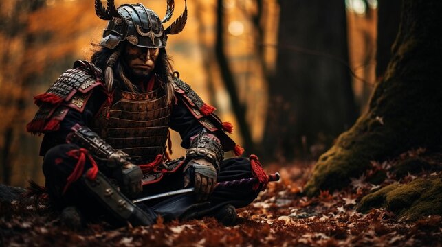 AI generated illustration of a Japanese Samurai warrior sitting in a forest