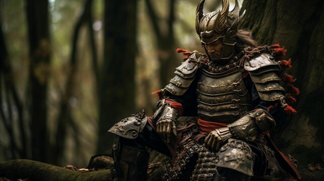 AI generated illustration of a Japanese Samurai warrior sitting in a forest