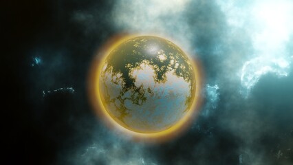 Exoplanet with a solid surface and an acid atmosphere on a abstract space background.