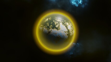 Amazing exoplanet, sci-fi background. Realistic planet with atmosphere in space with stars. Alien planet in neon tones.