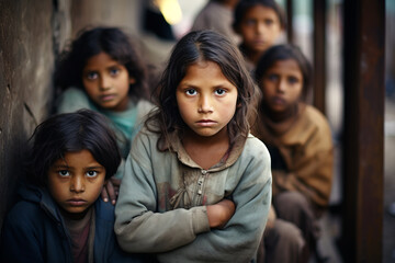 Poor, neglected, dirty children. Poverty, misery, migrants, homeless people, war