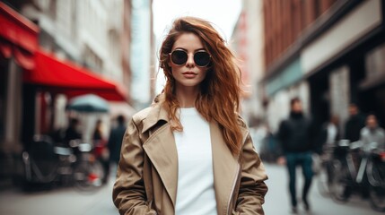 A busy city street captured in a grainy, overexposed style. Vibrant and energetic, the image showcases the urban lifestyle with sharp-focus architecture and bustling crowds