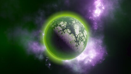 Amazing exoplanet, sci-fi background. Realistic planet with atmosphere in space with stars. Alien planet in neon tones.