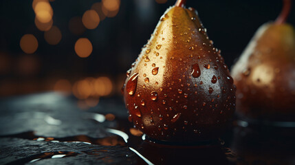 Delicious beautiful pear on dark background. Close-up image of a brown pear