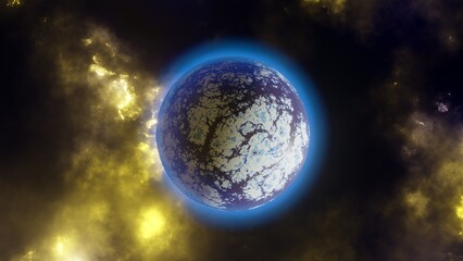 Space surreal planet futuristic view. Cosmos planet epic fantasy cracked surface with glowing atmosphere.