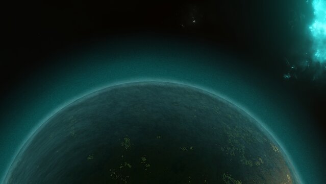 Panoramic view on exoplanet globe from space with colorful neon atmosphere. Glowing lights, light emission.