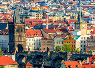 Fototapeta na wymiar Prague cityscape with Old town bridge tower and Charles bridge, Czech Republic