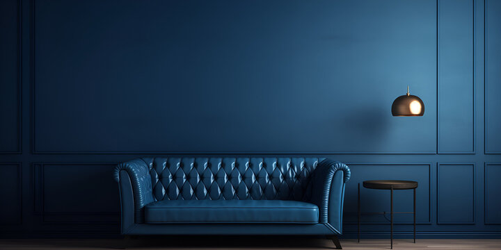 blue sofa in the in blue interior, Luxury sofa in blue interior. 3d illustration. Blue wall with deep blue sofa and wood table