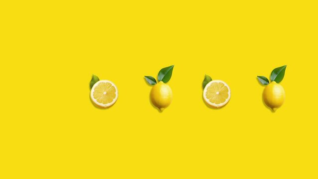 Stop motion Cut and whole Lemon appear and disappear on yellow background. High quality video 4K. Detailed stop motion video. Background or wallpaper in food and drinks videos.
