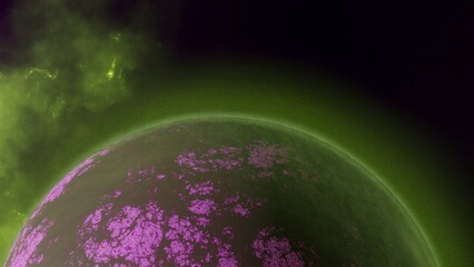 Planet witch colorful surface, view from orbit. Relief and craters. Cosmic landscape.