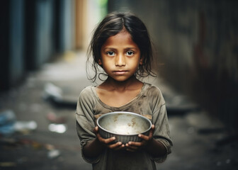 Poor, hungry neglected, dirty girl holding empty metal plate. Poverty, misery, migrants, homeless people, war - obrazy, fototapety, plakaty
