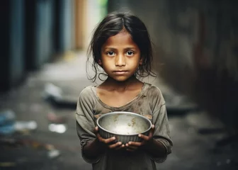 Fotobehang Poor, hungry neglected, dirty girl holding empty metal plate. Poverty, misery, migrants, homeless people, war © vejaa