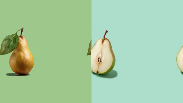 Stop motion Cut and whole Pear appear and disappear on pastel background. High quality video 4K. Detailed stop motion video. Background or wallpaper in food and drinks videos.
