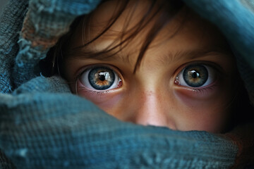 Beautiful blue eyes of poor, hungry girl. Poverty, misery, migrants, homeless people, war concept