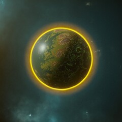 3d render, abstract planet symbol, geometric shape with neon light