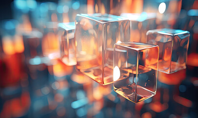 Suspended glass cubes in mid-air.
