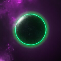 3d render, abstract planet symbol, geometric shape with neon light