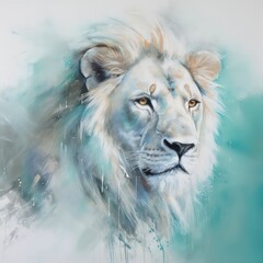 Artistic portrait of a rare white lion, abstract oil painting.