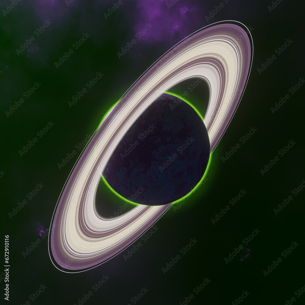Wall mural planet with a system of rings in the background of the deep space nebula. science fiction.