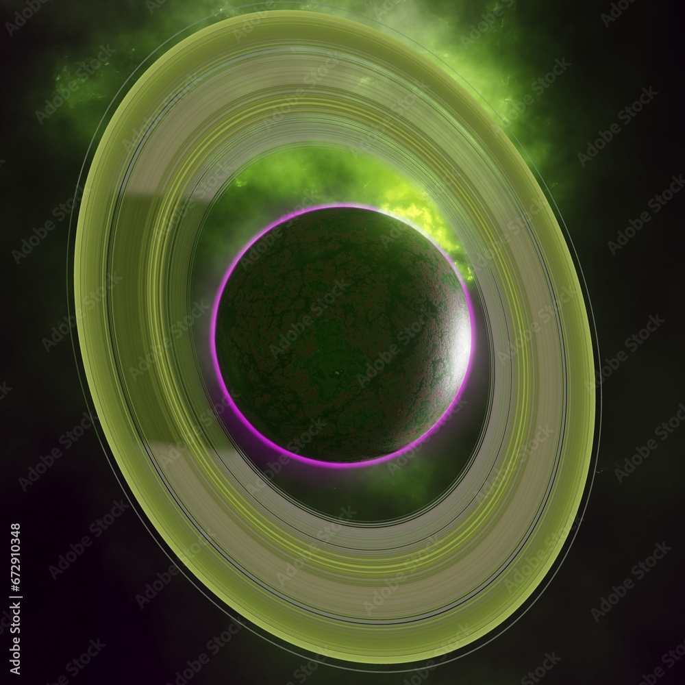 Wall mural planet with a system of rings in the background of the deep space nebula. science fiction.