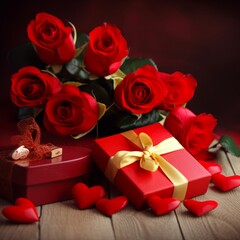 red roses and gift box. Present. Wedding gift. Valentine's Day. Red box