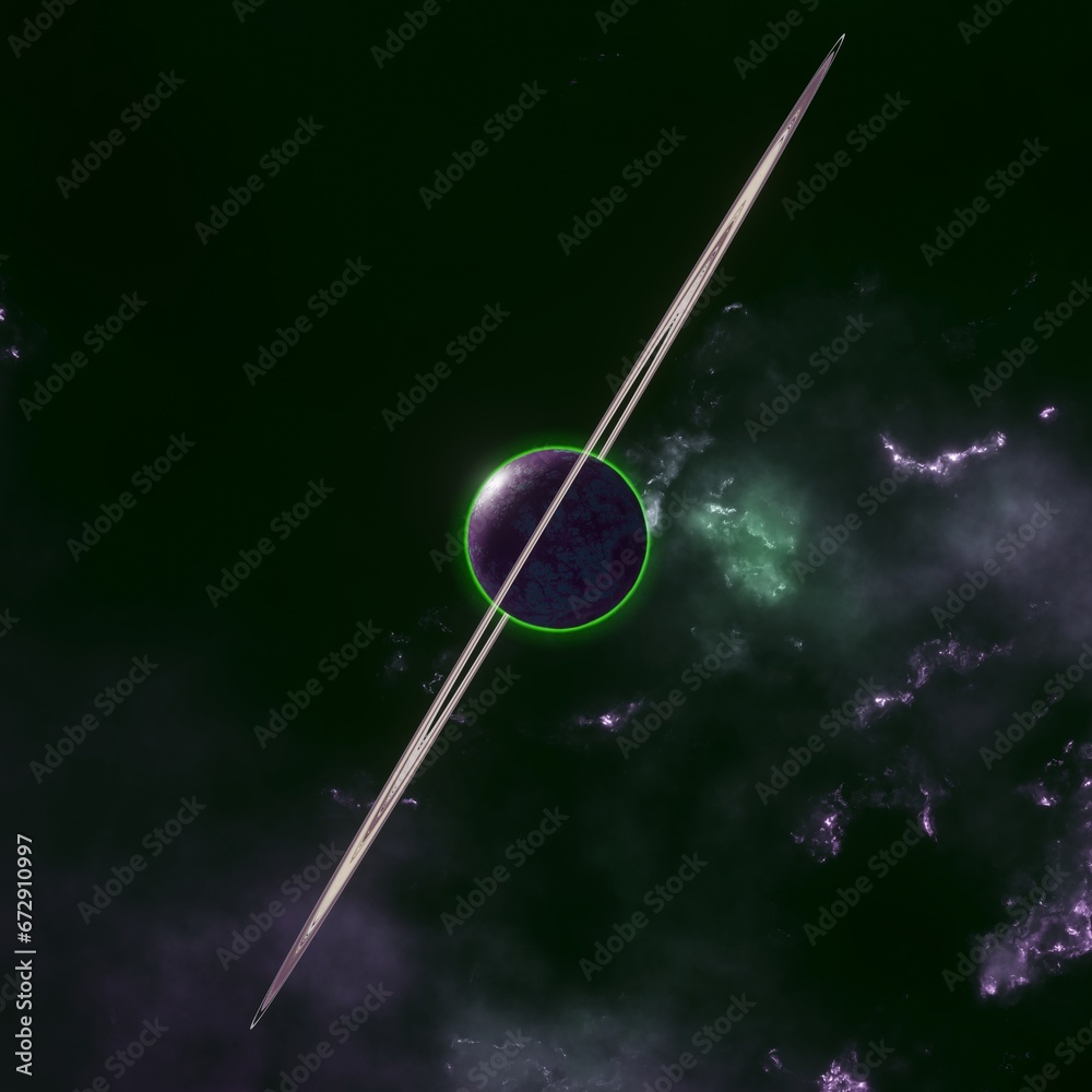 Wall mural planet with a system of rings in the background of the deep space nebula. science fiction.