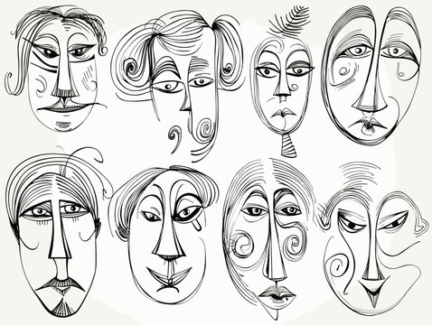 8 cartoon faces in hand-drawn style