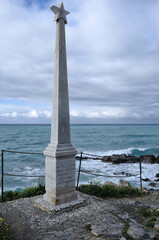 Italy. Genoa Quarto dei Mille. View of sea and the rock with the monument erected to remember the point from which the boat that brought Giuseppe Garibaldi's thousand to Marsala left.