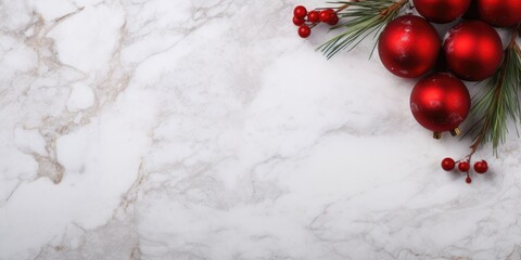 Marbled gold Christmas background with Copy space. Top view of Marble table with balls, fir branches and winter berries. Minimalistic white banner with copyspace for presentations, sales, advertising. - obrazy, fototapety, plakaty