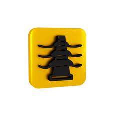 Black Electric tower used to support an overhead power line icon isolated on transparent background. High voltage power pole line. Yellow square button.