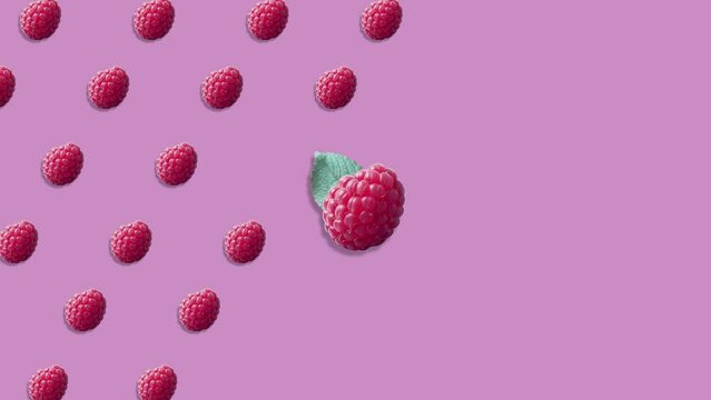 Stop motion Cut and whole Raspberry appear and disappear on pastel background. High quality video 4K. Detailed stop motion video. Background or wallpaper in food and drinks videos.