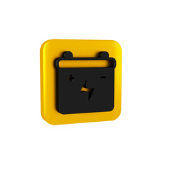 Black Car battery icon isolated on transparent background. Accumulator battery energy power and electricity accumulator battery. Yellow square button.