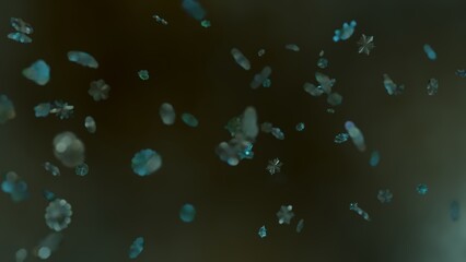 Texture of fine white dust or snow, flying a stormy whirlwind on a dark background