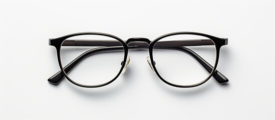 Black eyeglasses that are isolated on a white background positioned in a close up view