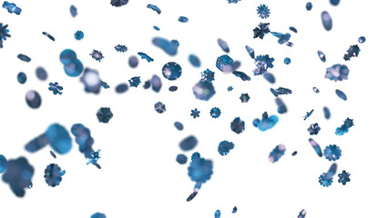 3d snowflakes blizzard. Macro with depth of field in transparent background